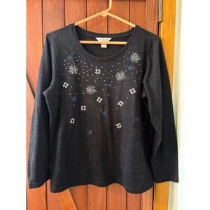 Christopher & Banks Womens Medium Black Snowflake Rhinestone Knit Top Sweater M